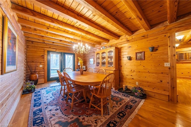 dining area with wooden walls, light hardwood / wood-style floors, a notable chandelier, wooden ceiling, and beam ceiling