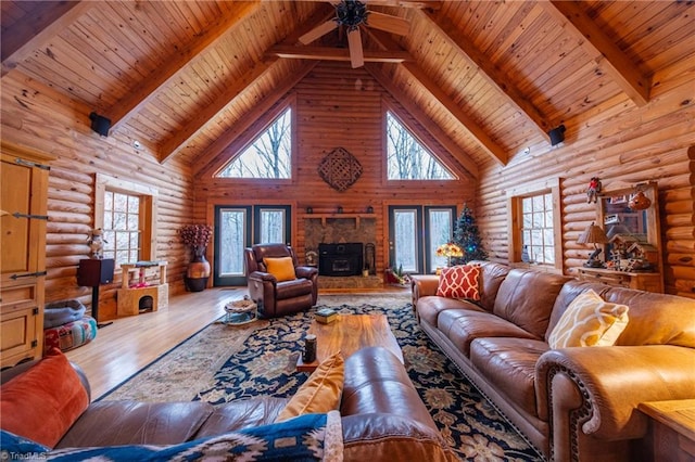 living room featuring hardwood / wood-style floors, log walls, high vaulted ceiling, wooden ceiling, and beam ceiling