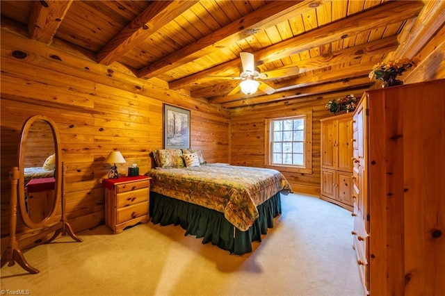 carpeted bedroom featuring wooden ceiling, beamed ceiling, ceiling fan, and log walls