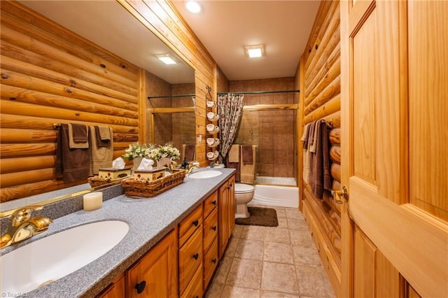 full bathroom featuring toilet, log walls, tile patterned floors, vanity, and shower / bathtub combination with curtain