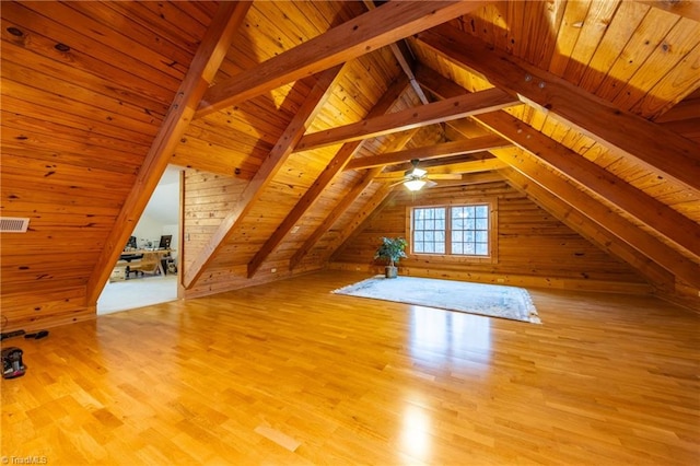 bonus room with light hardwood / wood-style flooring, vaulted ceiling with beams, wooden walls, and wooden ceiling