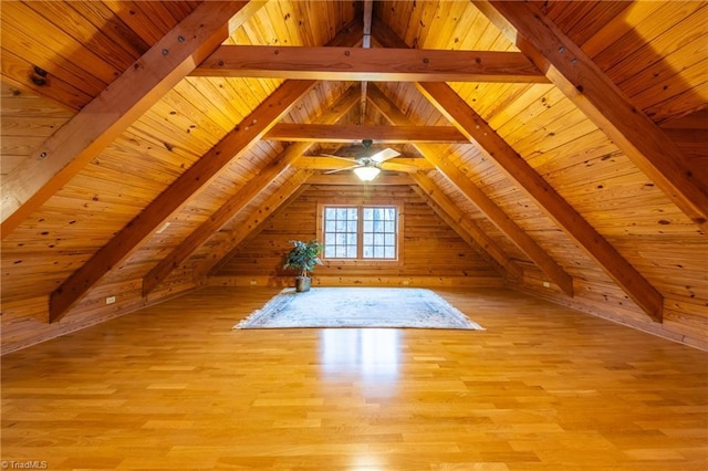 additional living space featuring light hardwood / wood-style floors, wooden ceiling, lofted ceiling with beams, and wooden walls