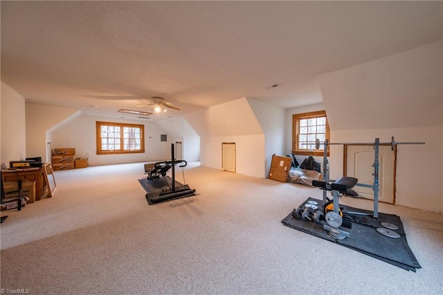 exercise room featuring vaulted ceiling, carpet flooring, and a healthy amount of sunlight