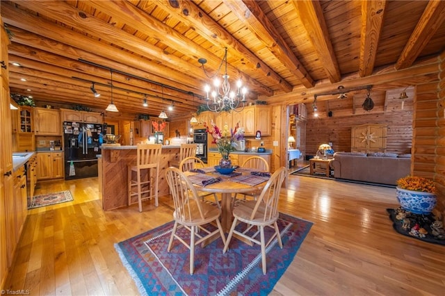 dining space with light hardwood / wood-style flooring, beam ceiling, wood ceiling, a notable chandelier, and rustic walls