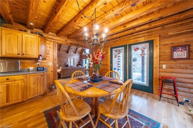 dining room featuring wooden ceiling, rustic walls, light wood-type flooring, beam ceiling, and plenty of natural light