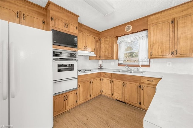 kitchen featuring white appliances, light hardwood / wood-style floors, and sink