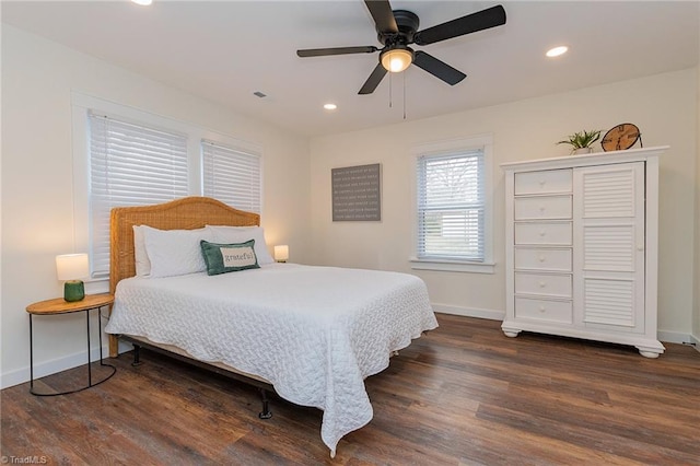 bedroom featuring recessed lighting, wood finished floors, baseboards, and ceiling fan