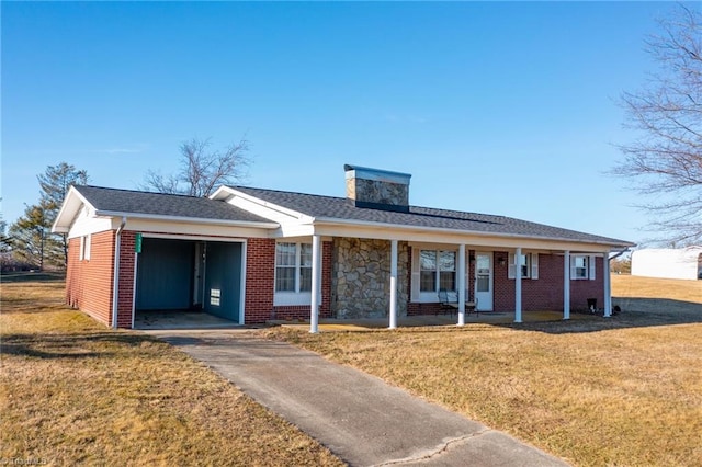 ranch-style house with stone siding, a chimney, an attached garage, covered porch, and a front yard