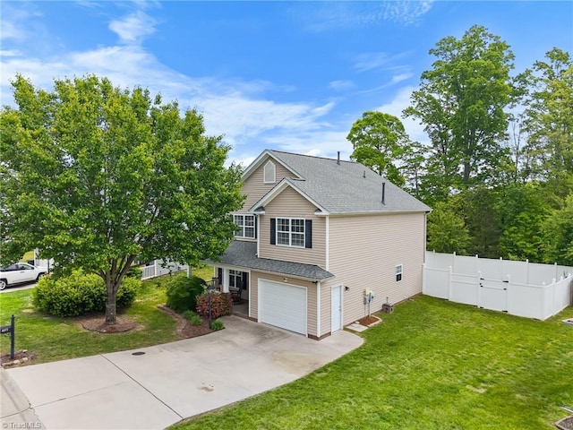 view of side of home featuring a yard, driveway, roof with shingles, an attached garage, and fence