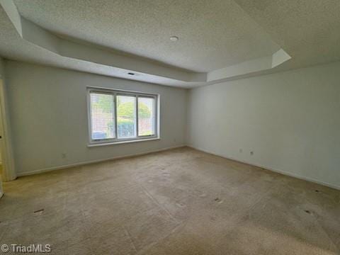carpeted spare room featuring a raised ceiling, baseboards, and a textured ceiling