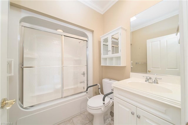 2334 Addison Blvd, High Point, NC 27262 - full bathroom featuring crown molding, vanity, toilet, shower / bath combination with glass door, and tile patterned floors