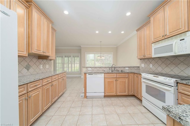2334 Addison Blvd, High Point, NC 27262 - kitchen with white appliances, a sink, ornamental molding, light tile patterned floors, and backsplash