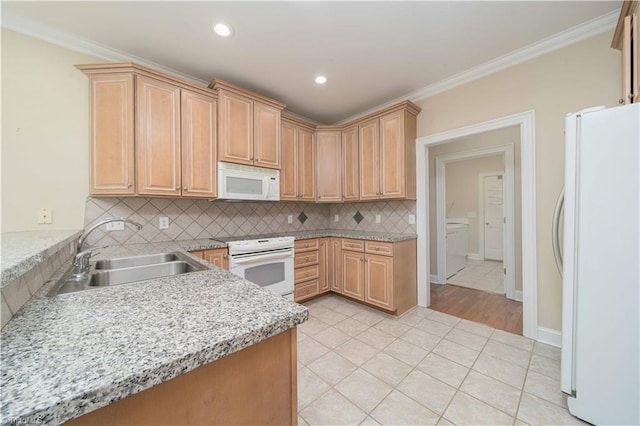 2334 Addison Blvd, High Point, NC 27262 - kitchen featuring white appliances, a sink, light brown cabinets, tasteful backsplash, and ornamental molding