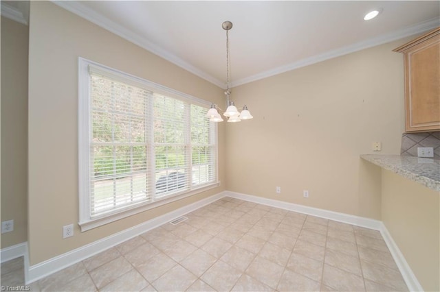 2334 Addison Blvd, High Point, NC 27262 - unfurnished dining area featuring ornamental molding, a chandelier, baseboards, light tile patterned flooring, and recessed lighting