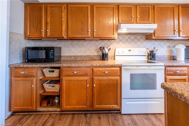 kitchen with decorative backsplash, light hardwood / wood-style floors, light stone counters, and electric stove