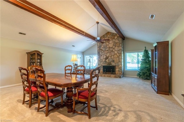 136 Fairway Dr, Bermuda Run, NC 27006 - dining space featuring light colored carpet, ceiling fan, and a fireplace