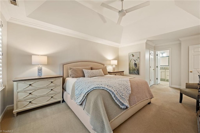 4919 Setter Ct, Jamestown, NC 27282 - bedroom with carpet, ornamental molding, baseboards, lofted ceiling, and a ceiling fan