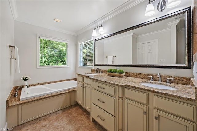 4919 Setter Ct, Jamestown, NC 27282 - bathroom featuring double vanity, a garden tub, and crown molding