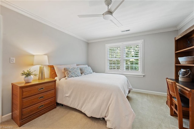 4919 Setter Ct, Jamestown, NC 27282 - bedroom with light carpet, ornamental molding, baseboards, and a ceiling fan