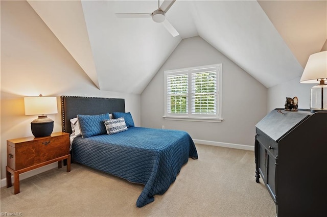 4919 Setter Ct, Jamestown, NC 27282 - bedroom with light carpet, baseboards, lofted ceiling, and a ceiling fan