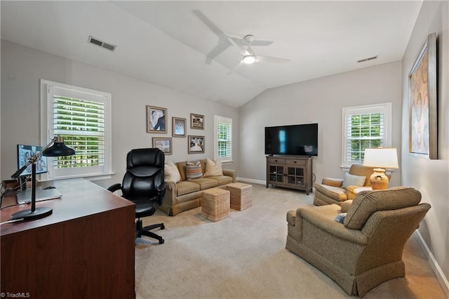 4919 Setter Ct, Jamestown, NC 27282 - office featuring carpet flooring, a ceiling fan, baseboards, and lofted ceiling