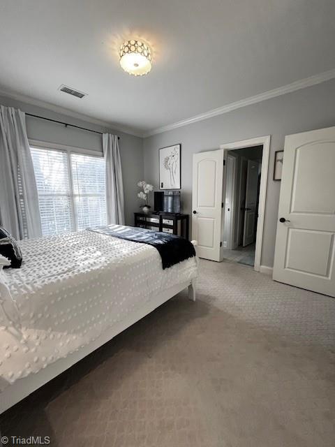 bedroom with crown molding and carpet flooring