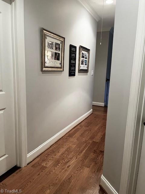 corridor featuring crown molding and dark hardwood / wood-style floors