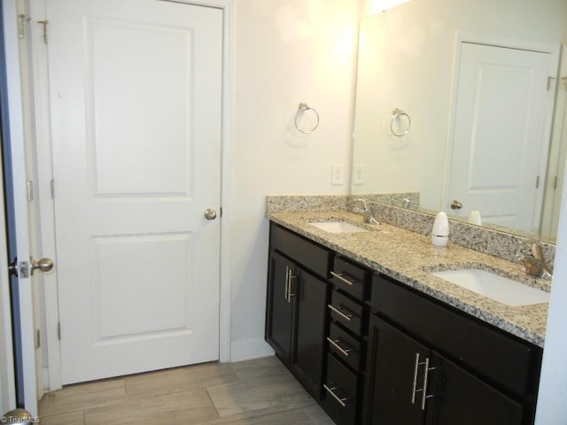 bathroom featuring double vanity, wood finish floors, and a sink