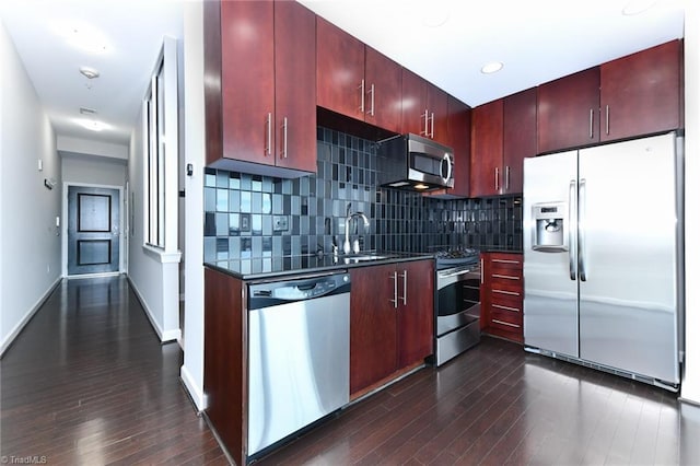 kitchen featuring tasteful backsplash, appliances with stainless steel finishes, dark hardwood / wood-style floors, and sink