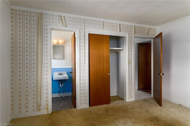 unfurnished bedroom featuring ornamental molding, sink, light colored carpet, and a closet