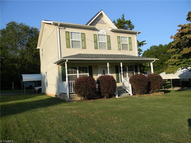 view of front facade featuring a carport, a front lawn, and covered porch