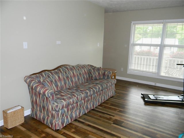 living room with a textured ceiling and dark wood-type flooring