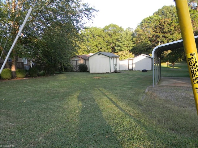 view of yard with a storage shed