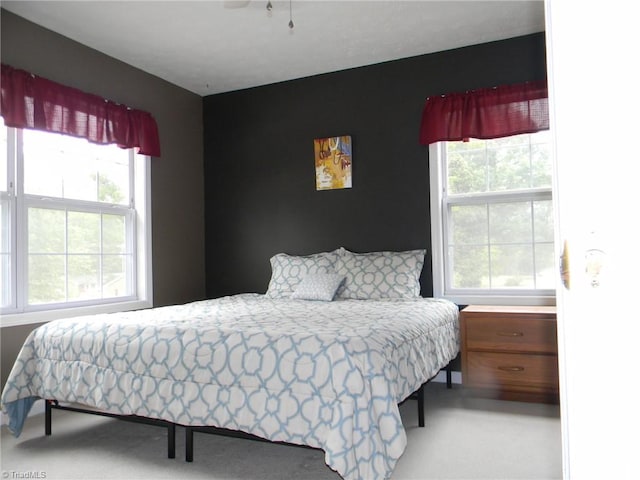 carpeted bedroom featuring multiple windows