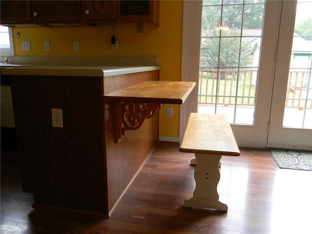 kitchen with butcher block countertops, dark brown cabinets, and dark wood-type flooring