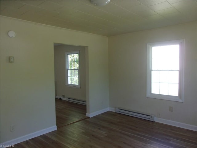 empty room with dark hardwood / wood-style floors and a baseboard radiator