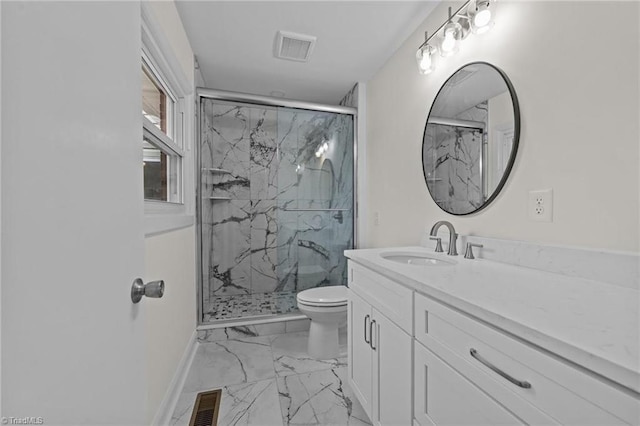 full bathroom with a marble finish shower, visible vents, toilet, and marble finish floor