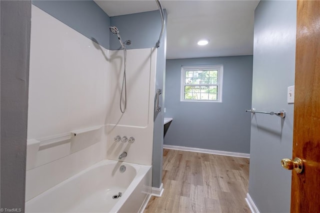 3230 Kinnamon Rd, Winston-Salem, NC 27104 - bathroom with  shower combination, wood finished floors, baseboards, and recessed lighting