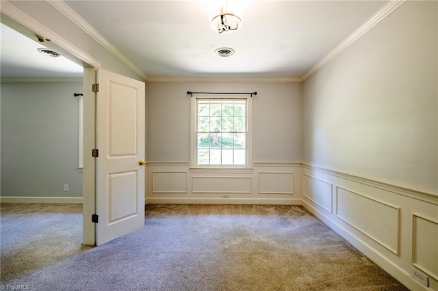 3230 Kinnamon Rd, Winston-Salem, NC 27104 - carpeted spare room featuring ornamental molding, visible vents, and a wainscoted wall