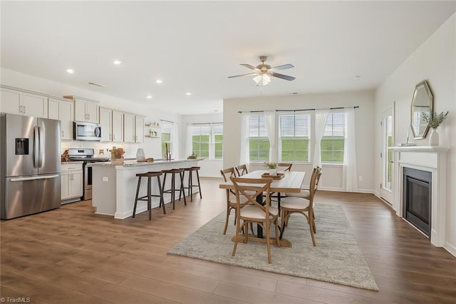 162 Bryson Blvd, Lexington, NC 27295 - dining space with dark wood-style floors, a ceiling fan, recessed lighting, and a glass covered fireplace