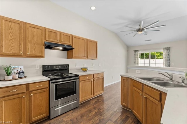 6051 Brookstone Ridge Dr, Winston-Salem, NC 27107 - kitchen featuring electric range, a sink, lofted ceiling, under cabinet range hood, and a ceiling fan
