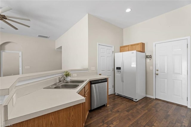 6051 Brookstone Ridge Dr, Winston-Salem, NC 27107 - kitchen featuring white fridge with ice dispenser, stainless steel dishwasher, a sink, a ceiling fan, and dark wood-style flooring