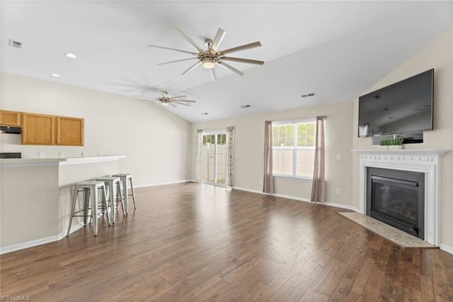 6051 Brookstone Ridge Dr, Winston-Salem, NC 27107 - unfurnished living room with a ceiling fan, dark wood-type flooring, vaulted ceiling, a fireplace with flush hearth, and baseboards