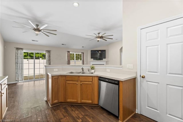 6051 Brookstone Ridge Dr, Winston-Salem, NC 27107 - kitchen featuring stainless steel dishwasher, a ceiling fan, light countertops, a sink, and dark wood-style floors