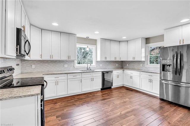 kitchen with a sink, stainless steel appliances, plenty of natural light, and dark wood finished floors