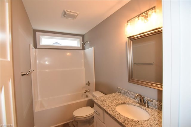 bathroom with toilet, visible vents,  shower combination, and vanity