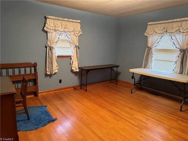 miscellaneous room with hardwood / wood-style floors and a textured ceiling