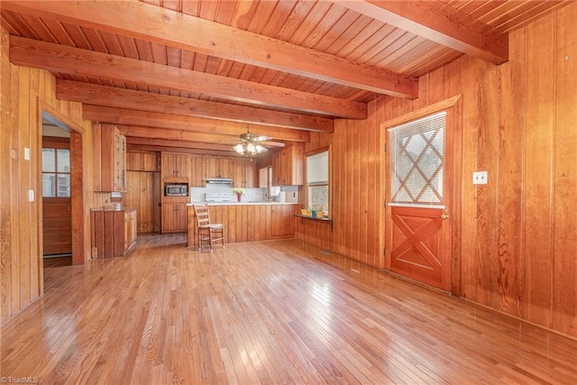 kitchen with light wood-type flooring, kitchen peninsula, beamed ceiling, and wood walls