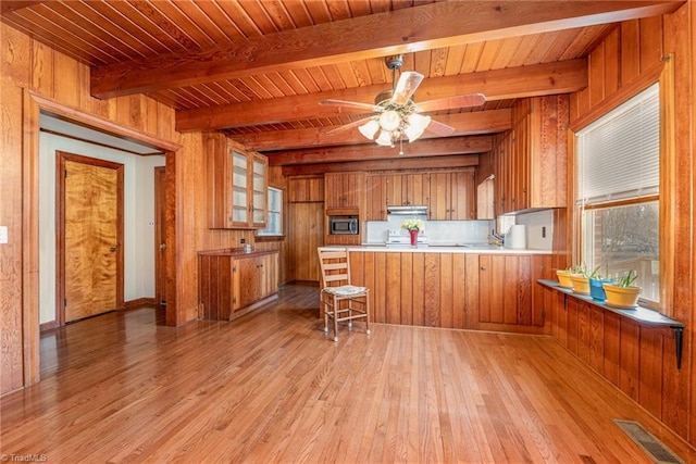 kitchen with stainless steel microwave, light hardwood / wood-style floors, kitchen peninsula, and a healthy amount of sunlight