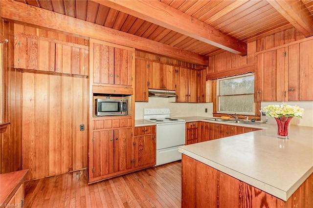 kitchen featuring electric stove, beam ceiling, sink, and light hardwood / wood-style flooring